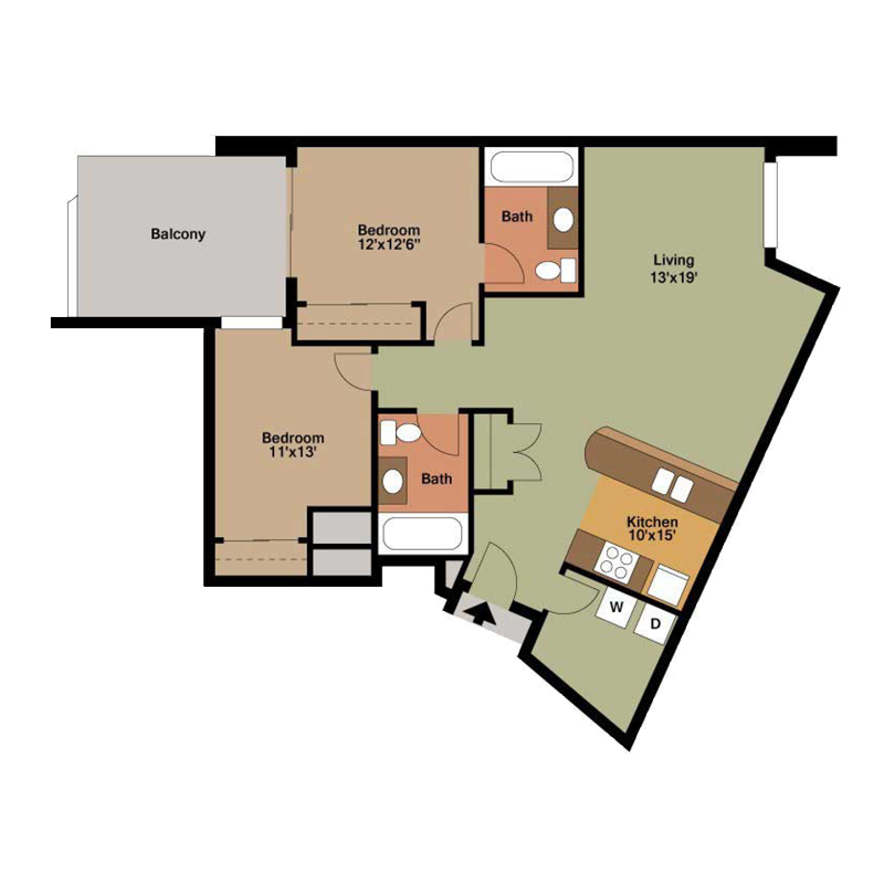 2 Bed and Bath with Balcony Floor Plan