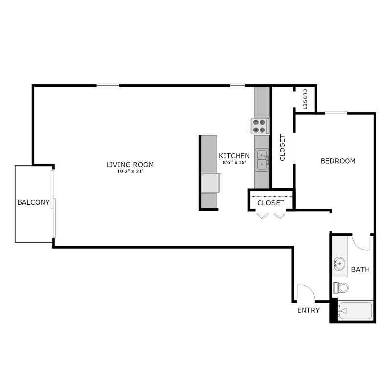 1 Bedroom Apartment with Open Space Floor Plan